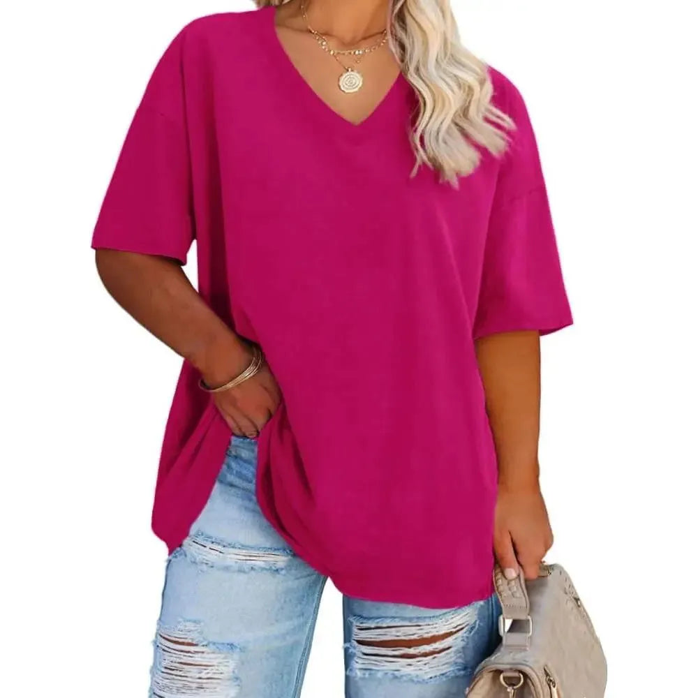 Ladies Oversized Short Sleeve Blouse Lightweight Crew Neck Casual Summer T‑Shirt