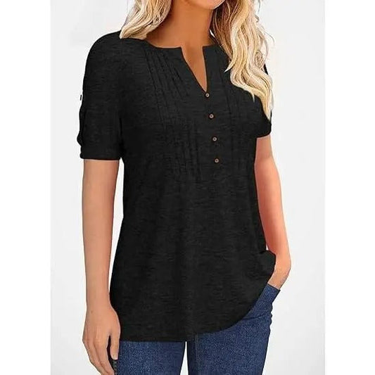Women’s Short Sleeve V-Neck Pleated Button Top