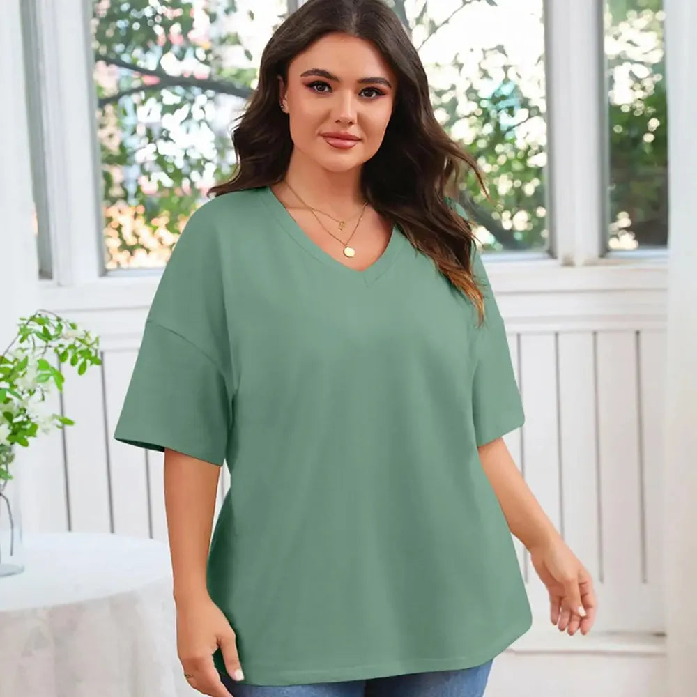 Ladies Oversized Short Sleeve Blouse Lightweight Crew Neck Casual Summer T‑Shirt