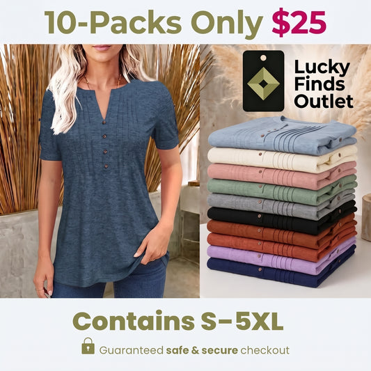 Women’s Short Sleeve V-Neck Pleated Button Top